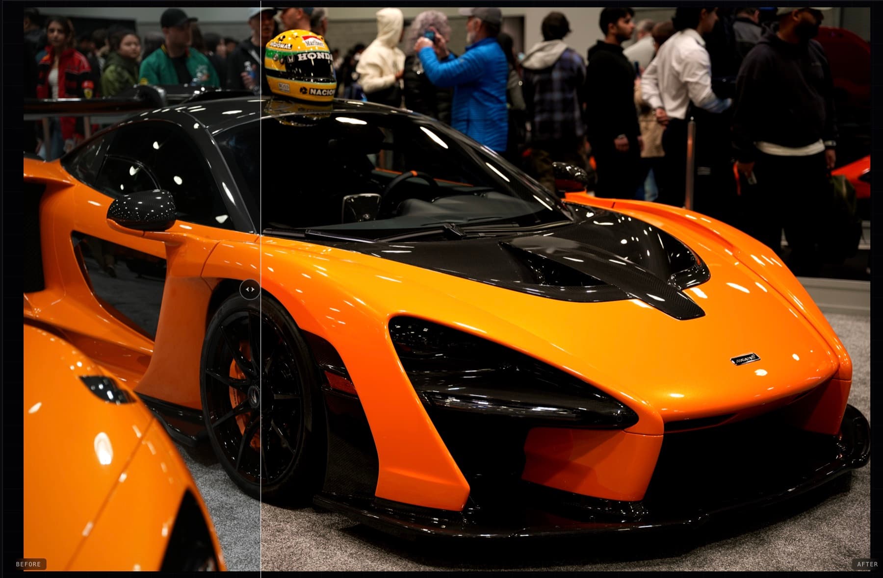 Before and after comparison of an orange sports car, flat capture next to the Chroma grade